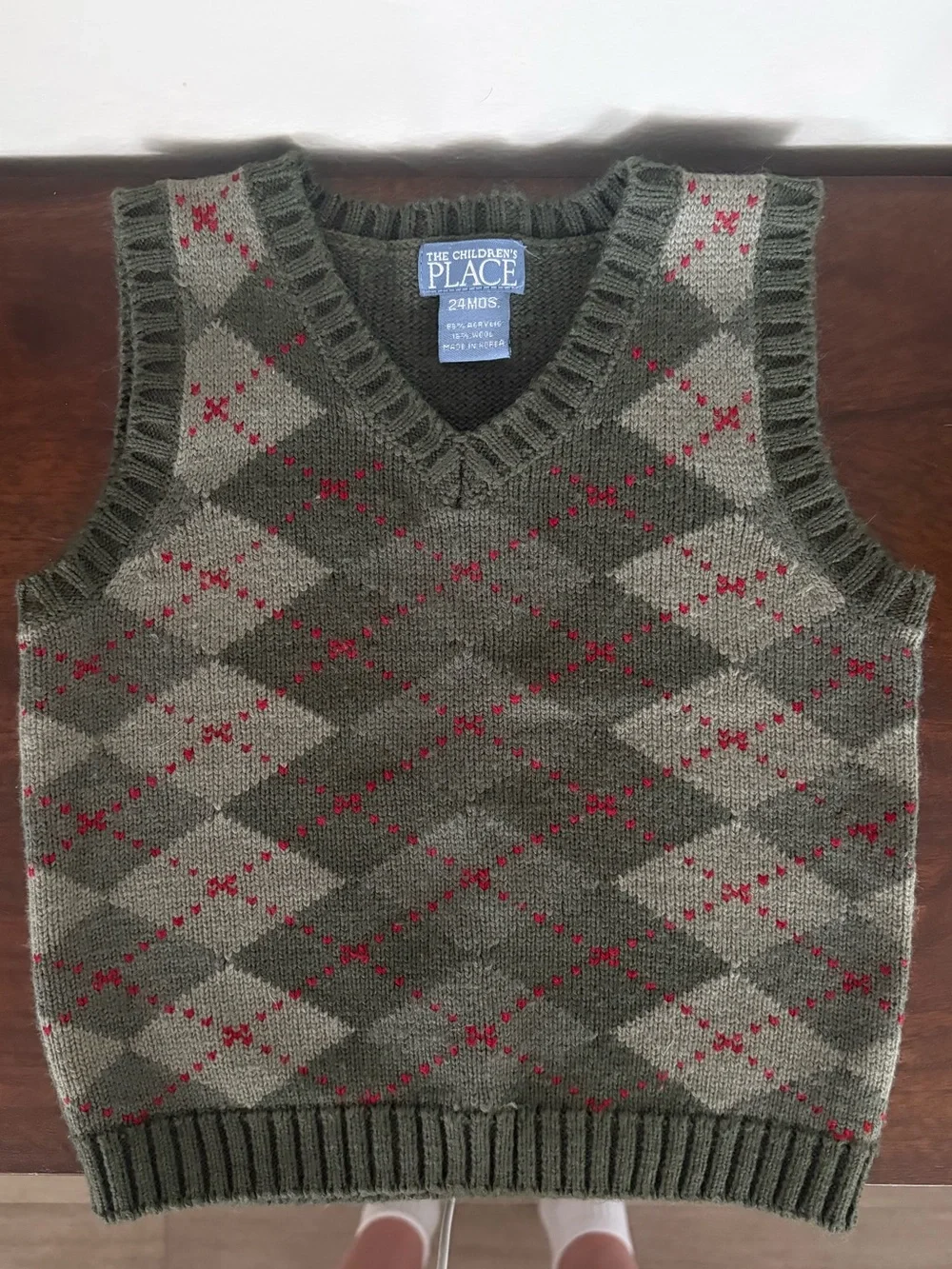 The Children's Place Olive Argyle V-Neck Sweater Vest with Red Accents